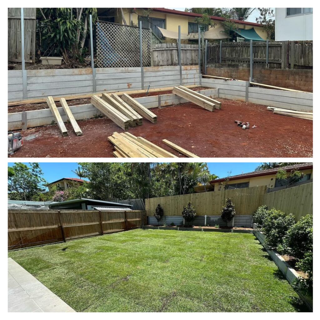 before and after fencing garden beds lawn